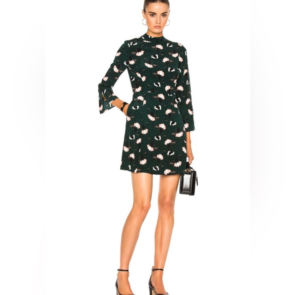 Derek Lam‎ 10 Crosby Silk Bell Sleeve Mini Dress Green Floral Print Size 6 NWT